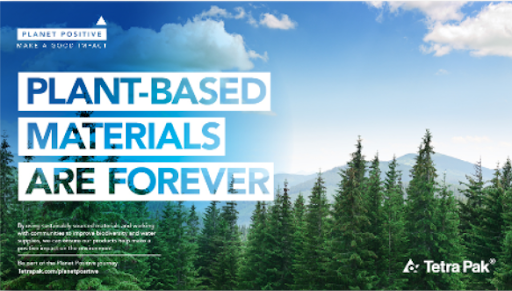 Planet Positive campaign visual reading 'Plant-based materials are forever' over a forest landscape