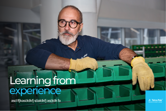 Campaign visual reading 'Learning from experience' over a portrait of a production floor specialist