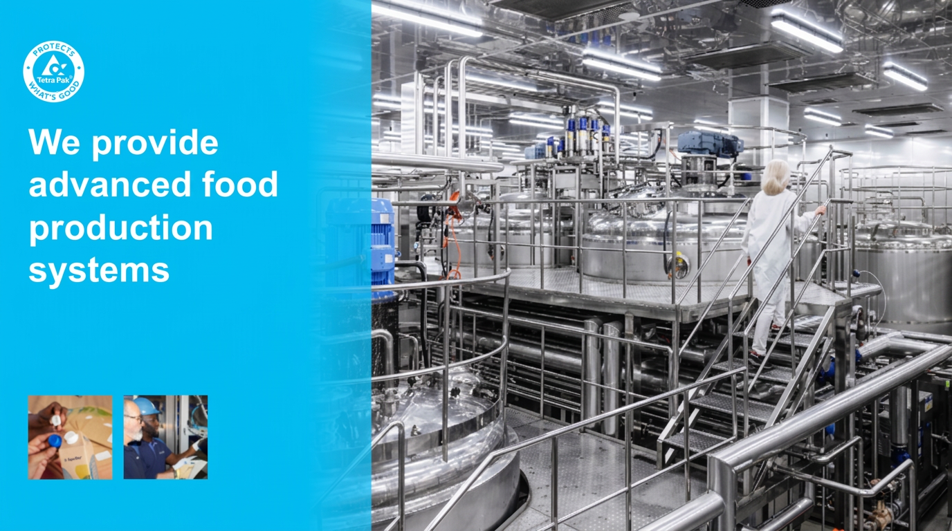 Category campaign layout reading 'We provide advanced food production systems' beside a processing plant
