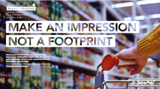 Planet Positive campaign visual reading 'Make an impression, not a footprint' in a supermarket aisle