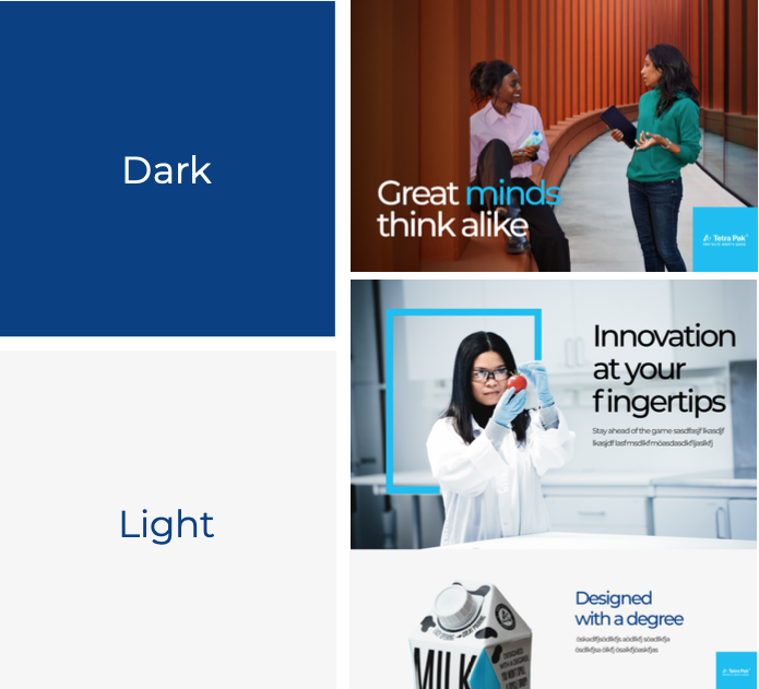 Light and dark colour schemes defined against solid and photographic backgrounds