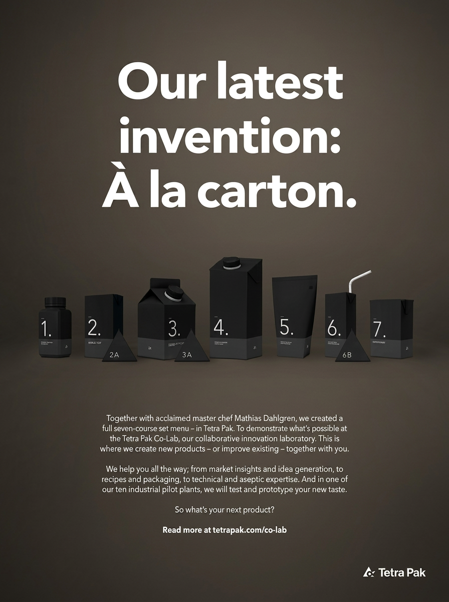 Print ad reading 'Our latest invention: À la carton' above the seven numbered prototype packages