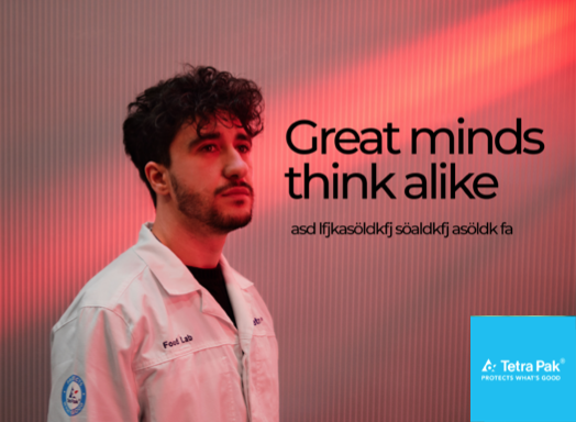 Campaign visual reading 'Great minds think alike' over a portrait of a Food Lab technician under red lighting