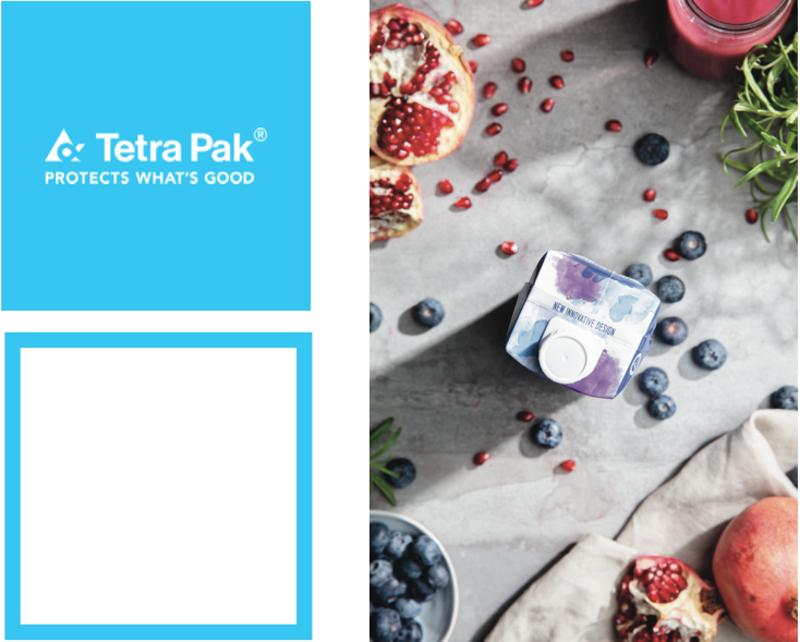 The bright blue box holding the Tetra Pak logo, and the bright blue frame framing a product photograph