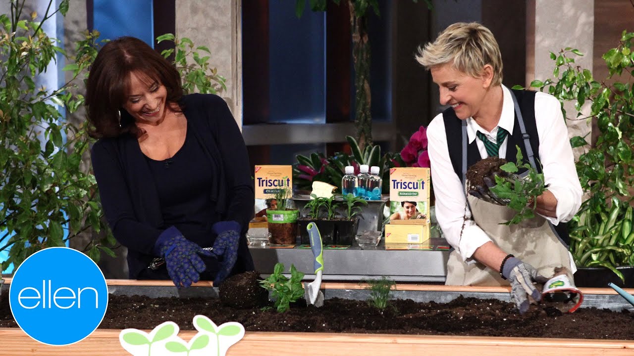 Ellen DeGeneres planting herbs on her television show beside boxes of Triscuit